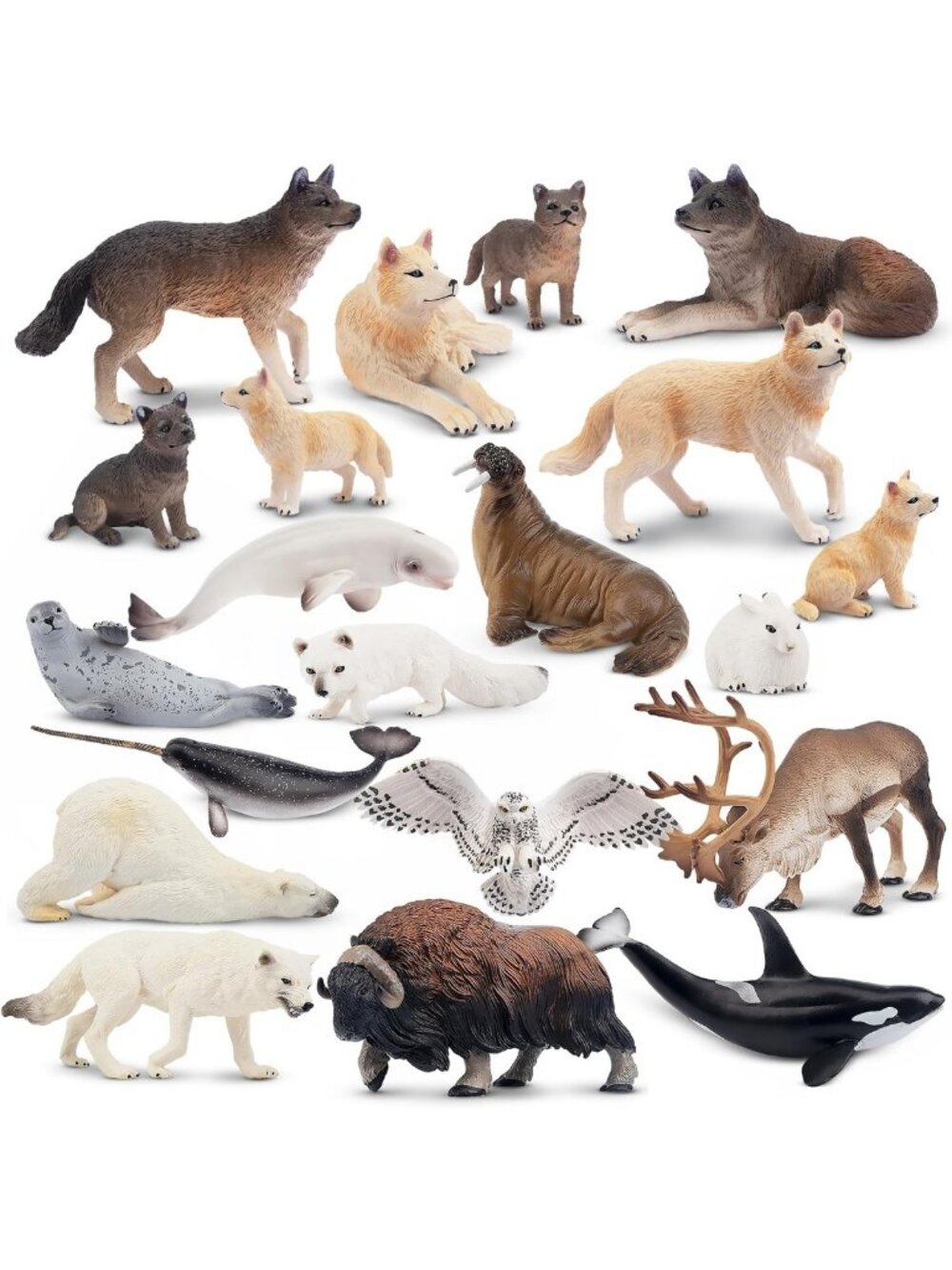 20PCS Realistic Polar Animal Figurines Set - Arctic Wolf, Bear, Caribou & Whales